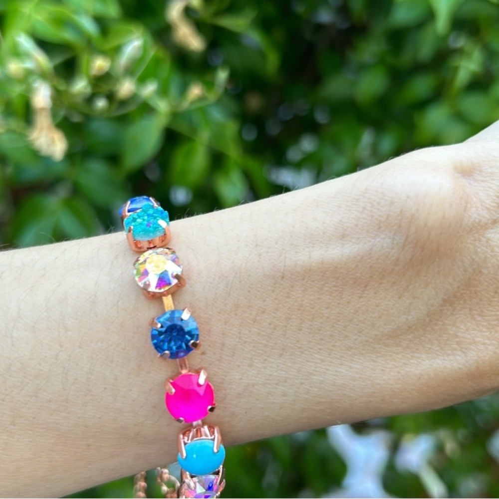 Sapphire Aurora Borealis + Fuchsia Hot Pink “Lillie” Crystal Tennis Bracelet - Picture 4 of 14